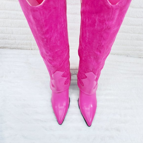 Branded Fuchsia Pink Skirted Fold Over Western Shark Knee High Cowgirl Boots - Picture 6 of 11